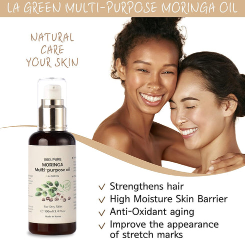 USDA Organic Moringa Oil, Pure Multi-Purpose Face, Body, Hair Oil - Food Grade, Cold Pressed, 3.4 fl oz with Pump