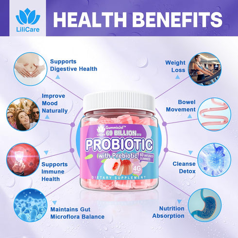 Sugar Free Probiotic Gummies - 60 Billion CFU, 11 Strains with Prebiotics Fiber for Digestive Health