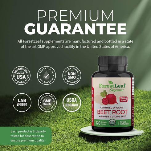 ForestLeaf Beet Root Capsules, 1000mg 20:1 Extract with Ginger and Grape Seed, Supports Blood Flow and Energy (120