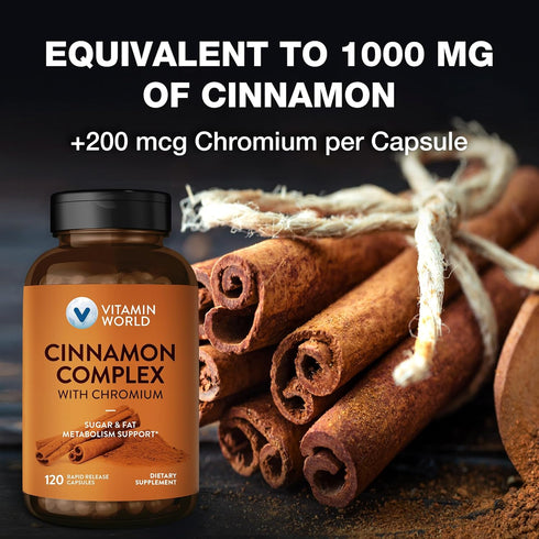 Vitamin World Cinnamon Complex 1000 mg with Chromium, 120 Capsules, Gluten Free for Healthy Metabolism & Antioxidant