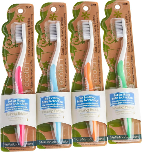 Compostable Toothbrushes, Dual Action Flossing Bristles, Silver Infused Soft Bristle Toothbrushes for Adults, 4-Pack
