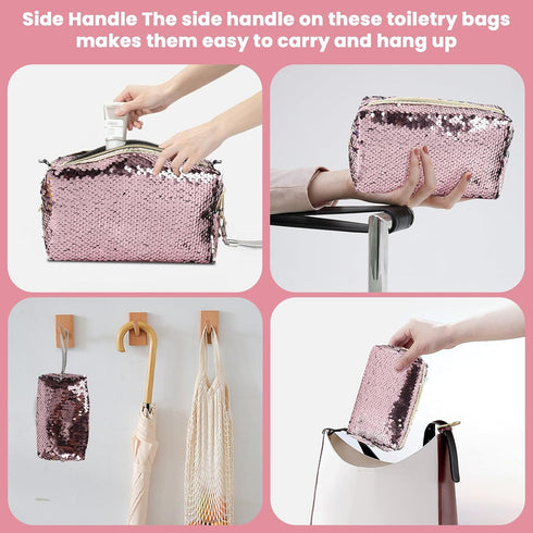 Magic Sequin Travel Cosmetic Bags - Reversible Glitter Makeup Organizer Bag for Women (Pink)
