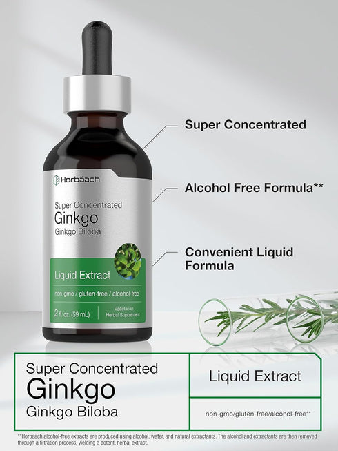 Horbaach Ginkgo Biloba Extract Liquid 2 fl oz, Alcohol-Free Herb Supplement, Vegetarian and Non-GMO