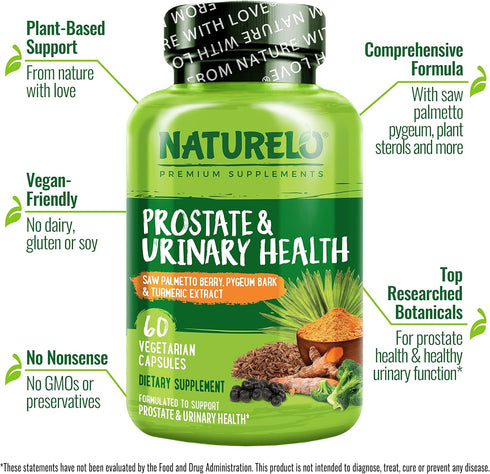 NATURELO Prostate & Urinary Health, 60 Vegetarian Capsules, Comprehensive Formula with Saw Palmetto, Pygeum, Tumeric