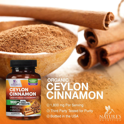 Pure Cinnamon Capsules - 60 Certified Organic Ceylon Cinnamon Pills, Non-GMO, Gluten-Free