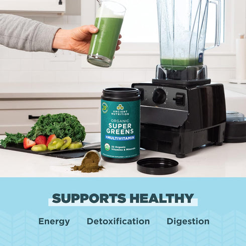 Ancient Nutrition Organic SuperGreens and Multivitamin Powder with Probiotics, 25 Servings for Digestive Support