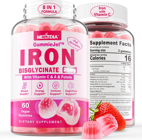 Vegan Iron Filled Gummies for Women - Non Constipating High Absorption 26mg Gentle Bisglycinate Iron with Vitamin C,