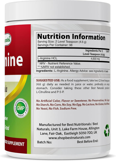 Best Naturals L-Arginine Powder 1 Pound - Pure Pharmaceutical Grade Free Form - Best Amino Acid Arginine Supplements