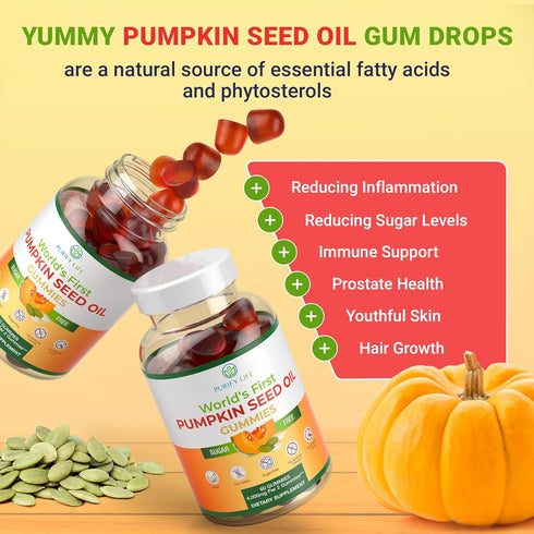 Sugar-Free Pumpkin Seed Oil Gummies 4,000mg/serving for Hair Growth, Skin, Prostate Health, 60 Chews, Immune Support