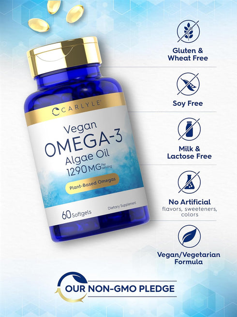 Carlyle Vegan Omega 3 Supplement | 60 Softgels | 1290 mg | Plant Based | Non-GMO & Gluten Free from Algae Oil