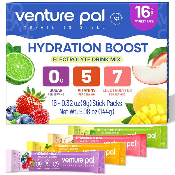 Venture Pal Sugar Free Electrolyte Powder Packets - Liquid Daily IV Hydration Packets with 5 Vitamins & 7 Electrolytes
