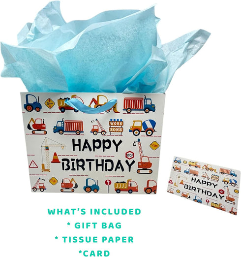 Shimmer 13 Set Packaging Anna Shine Large Construction Vehicles Birthday Gift Bag Trucks, Tractors & Cranes Design