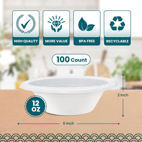 R-kay 12 Oz Plastic Bowls, 100 Count Microwavable Disposable Bowls, Heavy Duty White Plastic