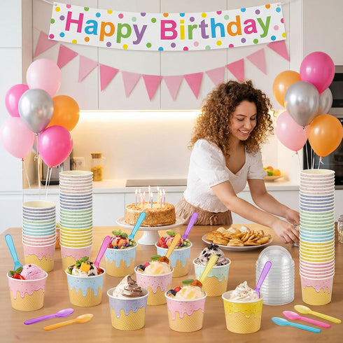Jingmore 120 Set 4oz Ice Cream Paper Cups with Lids and Spoons, Disposable Sundae Bowls, Dessert Cups for Birthday