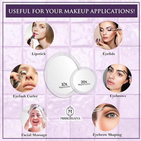 MIRRORVANA 20X & 10X Magnifying Mirror Set, Compact Travel Ready Mirror with 3 Suction Cups