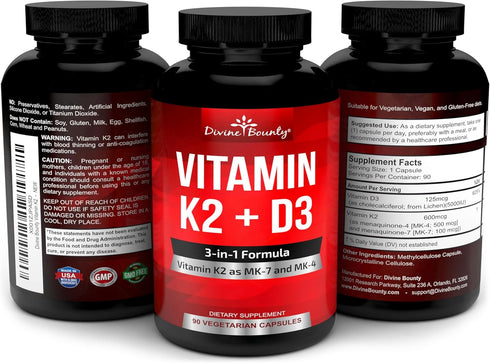 Vitamin K2 (MK7 & MK4) with D3 Supplement, 90 Non-GMO Vegetarian Capsules, 100mcg MK-7, 500mcg MK-4, 5000 IU D3