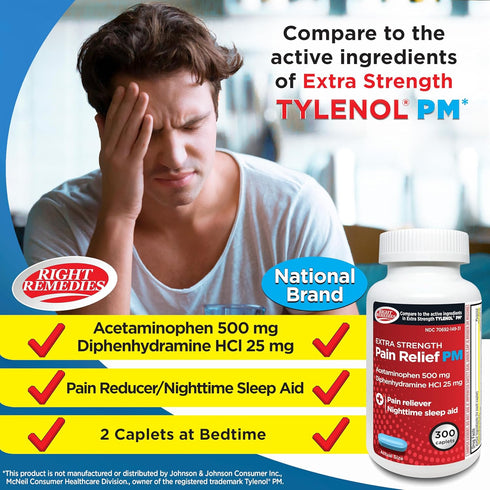 Extra Strength Pain Relief PM & Nighttime Sleep Aid Caplets - 300 Count, Non-Habit Forming, Compare to Tylenol PM