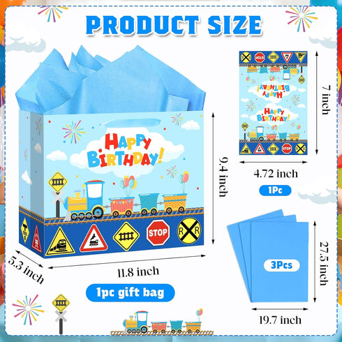 Wayyogh Train Birthday Gift Bag with Greeting Card Tissue Paper Large Train Birthday Wrapping Paper Bags Party Favor