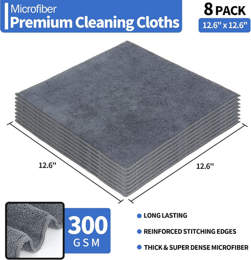 Premium Microfiber Cleaning Cloth, 8 Pack, Lint-Free 300GSM Ultra Absorbent Towels for Household Kitchen (Grey)