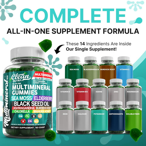 Gummies Gummy Sea Moss | Clinically Tested - Black Seed Oil Ashwagandha Elderberry Burdock Root Chlorella Manuka Honey