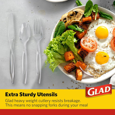 Set 240 Count Glad Clear Disposable Cutlery with Heavy Duty Plastic Forks, Knives, and Spoons, Reusable Dishwasher Safe