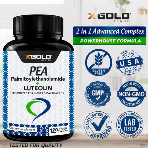 Palmitoylethanolamide 630 mg + Luteolin Supplement, 120 Veggie Capsules, Made in USA