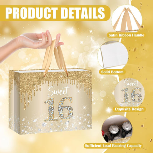 Yoirrat 16 16th Sweet Gift Bag with Wrapping Tissue Paper & Card Large Champagne Gold Glitter Birthday Gift Bags
