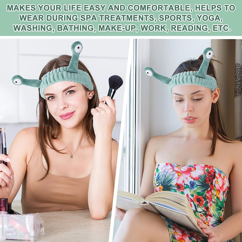 Face Wash Headband, Cute Cartoon Palm and Snail Spa Hair Bands, Elastic Coral Fleece for Women Skincare.