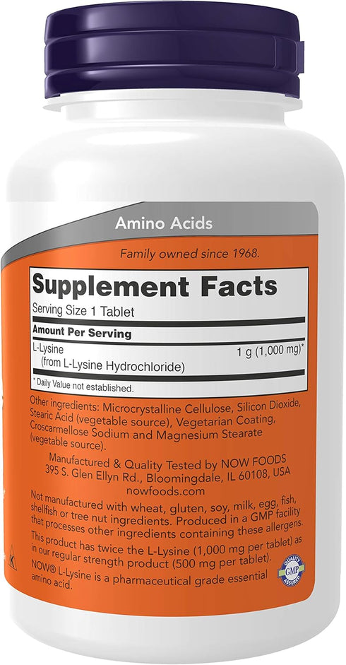 Now Foods L-Lysine 1000 mg Double Strength - 3 Pack of 100 Tabs