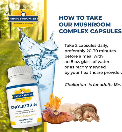 Simple Promise Cholibrium - Mushroom Supplement with Lion's Mane for Heart and Cholesterol Support, 60 Capsules