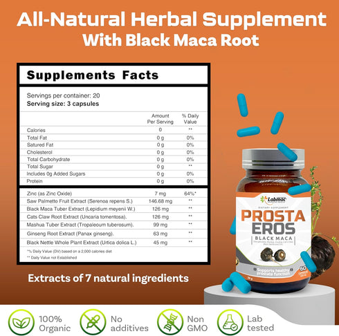 ProstaEros Prostate Support Supplement for Men's Health, Black Maca, Saw Palmetto, 60 Count Capsules, Pack of 1