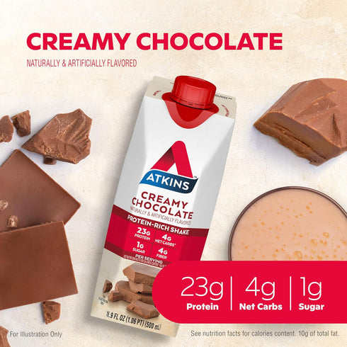 Atkins Creamy Chocolate Meal Size Protein Shake, 12 Count, 23g Protein, Low Glycemic, 4g Net Carb, 1g Sugar, Keto