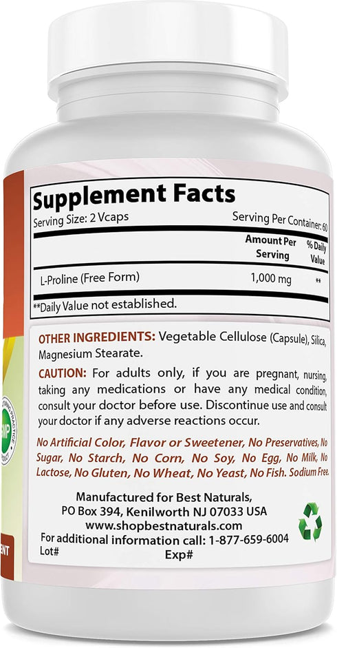 Best Naturals L-proline Amino Acid Dietary Supplement | 500 mg, 120 Count