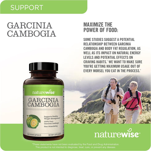 Naturewise Garcinia Cambogia - 60% HCA Extract, Natural Support for Weight Goals, Energy Levels - Vegan, Non-GMO,