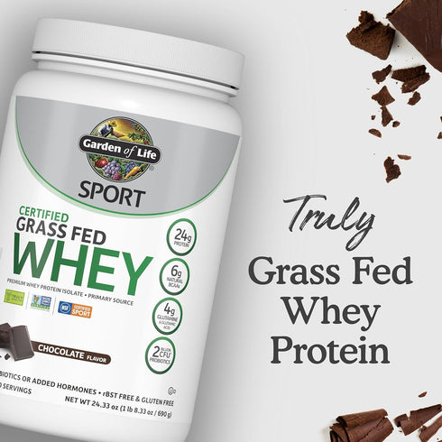 Garden of Life Sport Whey Protein Powder - Chocolate, Premium Grass Fed Whey Protein Isolate, 24g Protein, 20 Servings