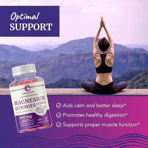 Magnesium Citrate Gummies, 600mg High Absorption for Calm, Relaxation & Digestion, Vegan, Raspberry Flavor, 60 Count