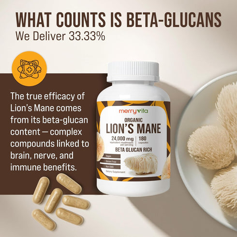 Immune 180 MERRY VITA Lions Mane Supplement Capsules Mushroom Supplement for Brain, Memory & Focus - Non GMO, Vegan