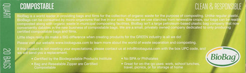 BioBag 100% Certified Compostable Resealable Food Storage Bags, Quart Size, 20 Count