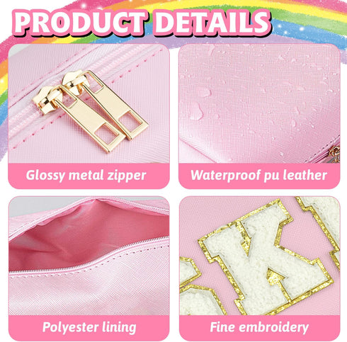 Preppy Patch Makeup Bag, PU Leather Portable Waterproof Cosmetic Bag for Daily Use (Pink)