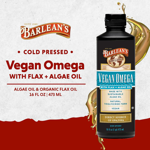 Barlean's Vegan Omega Liquid Flax and Algae Oil Supplement, Plant Based EPA DHA from Algal Oil and Organic Flaxseed, 16