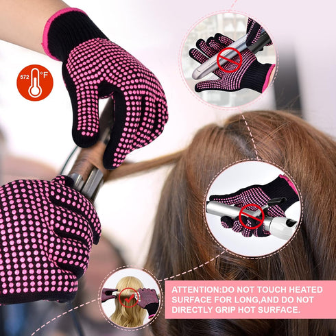 MORGLES Heat Resistant Gloves - 2 Pcs Professional Heat Gloves for Hair Styling with 6 Hair Clips & 2 Styling Combs