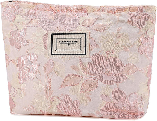 Flower Makeup Bag, Large Floral Travel Cosmetic Pouch for Women, Zipper Organizer Bag (Embossed Pink Aesthetic)