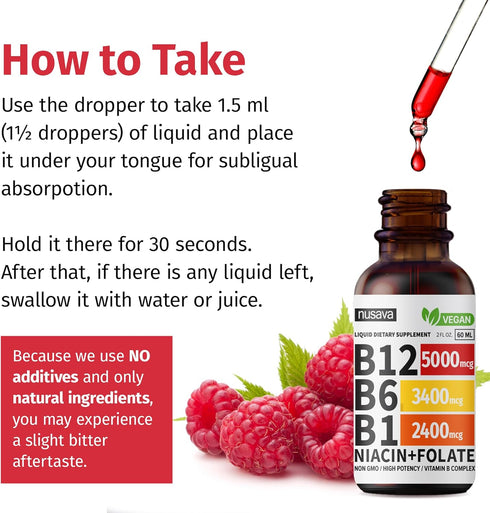 (2 Pack) Vitamin B12 Liquid Drops, Vegan B12 Sublingual 5000 mcg with Vitamin B6, Supports Energy, Brain & Heart with