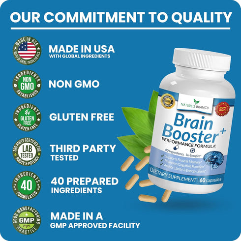 40-in-1 Brain Booster Supplement for Focus, Memory, Clarity, Energy, 60 Capsules with Advanced Vitamins for Nootropic