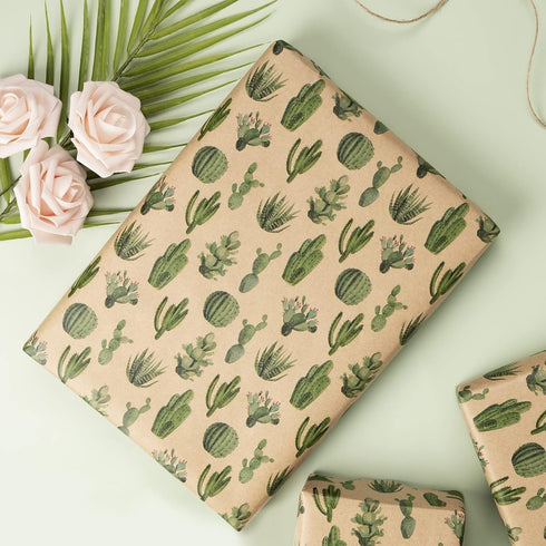 RUSPEPA Kraft Wrapping Paper Roll, Mini Roll, Cactus Design for All Occasions, 17 Inches X 32.8 Feet
