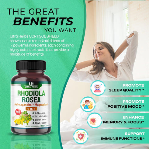 Rhodiola Rosea Supplement 21,400mg with Ashwagandha, Magnesium, L-Theanine, Support Mood, Sleep Quality, Mental Focus |