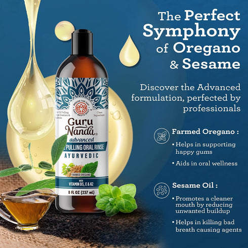 GuruNanda Advanced Oil Pulling & Coconut Oil Pulling Bundle with Toothbrush, Tongue Scraper - for Happy Teeth & Gums