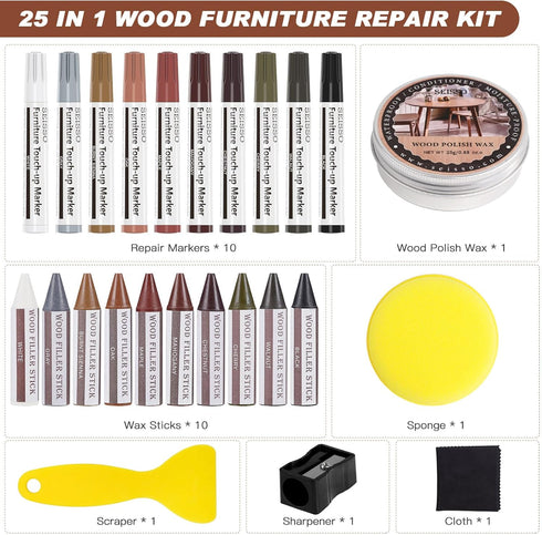 SEISSO Furniture Markers Touch Up - 25 Pcs Wood Repair Kits with Wax Sticks for Scratches & Stains