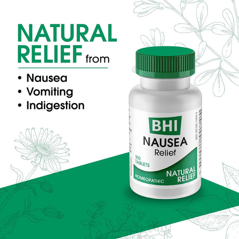 BHI Nausea Natural Relief, 100 Tablets - Homeopathic Remedy for Nausea, Vomiting, Bloating & Indigestion
