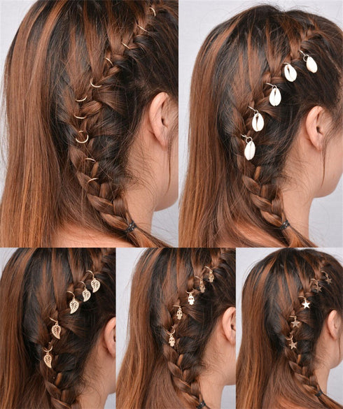 yueton 30pcs Gold Ring Shell Hands Leaves Star Pendant Rings Set, Hair Clip, Headband Accessories